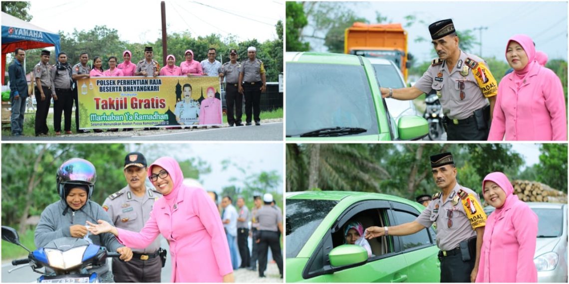 Polsek Perhentian Raja Bagikan Takjil Gratis kepada Pengendara Jelang Buka Puasa