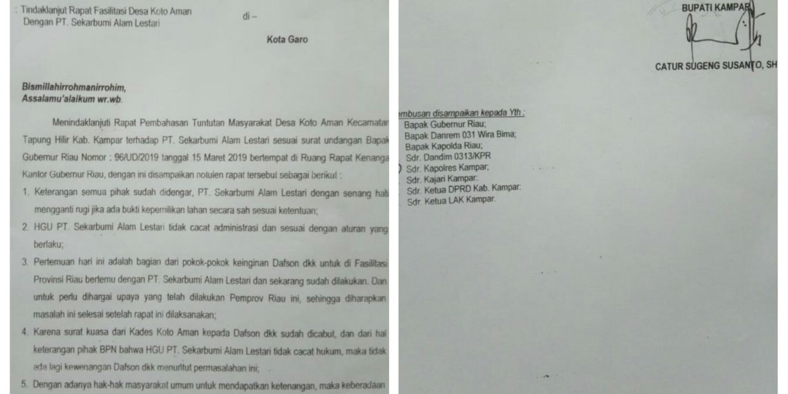 Terkait Mediasi oleh Pemprov Riau terhadap Masyarakat Koto Aman dengan PT. SBAL, inilah Keputusannya