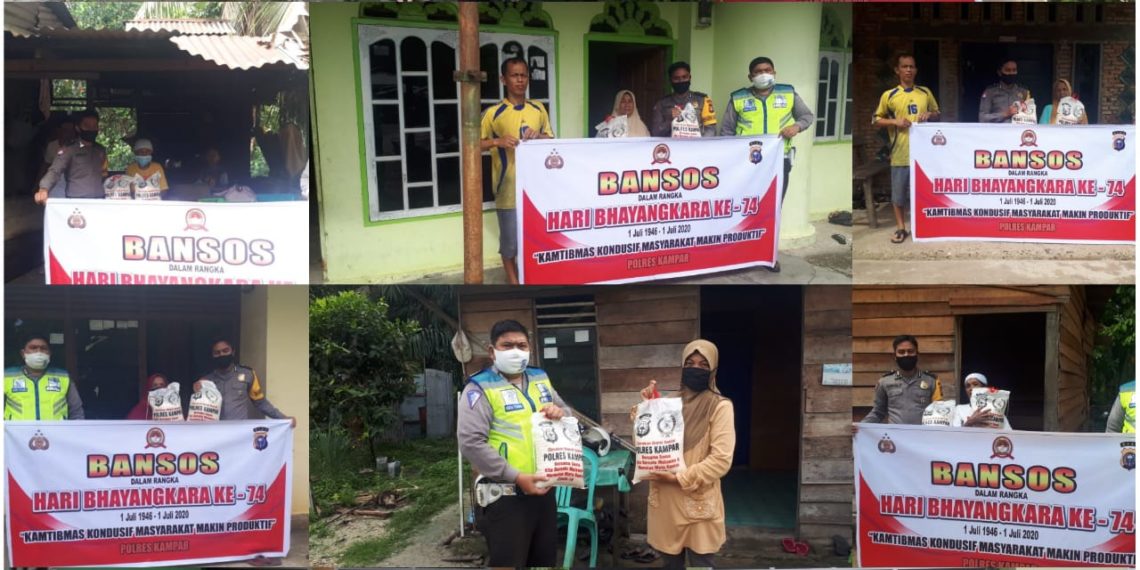 Baksos Hari Bhayangkara ke-74, Polres Kampar Kembali Bagikan Beras dan Masker untuk Warga