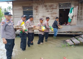 Polsek Kampar Kiri Hilir Salurkan Bantuan Sembako untuk Warga Terdampak Banjir di Desa Mentulik